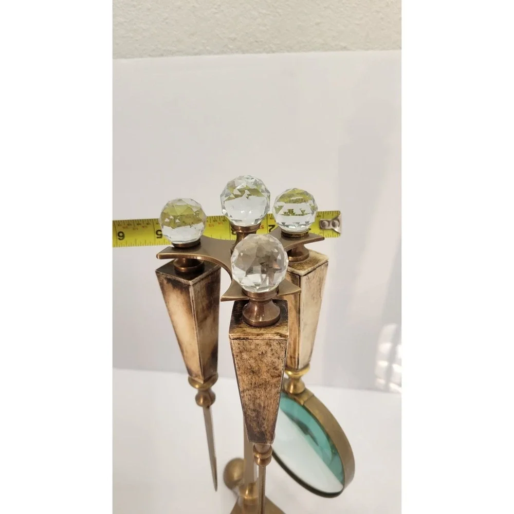 Vintage Brass Desk Set Bone Handles Crystal Knobs Magnifier Opener Snuffer